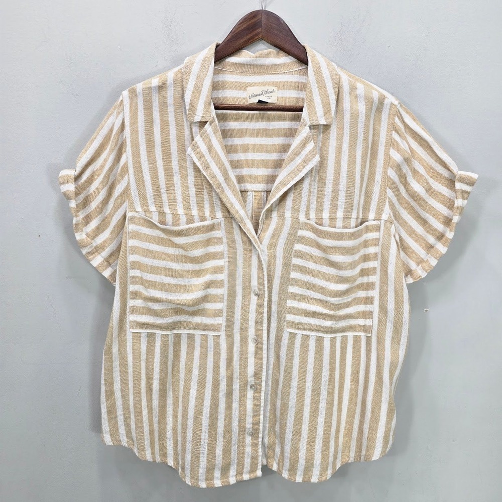 Universal Thread Button Down Top L Striped Linen Blend Vacation Resort Vacation